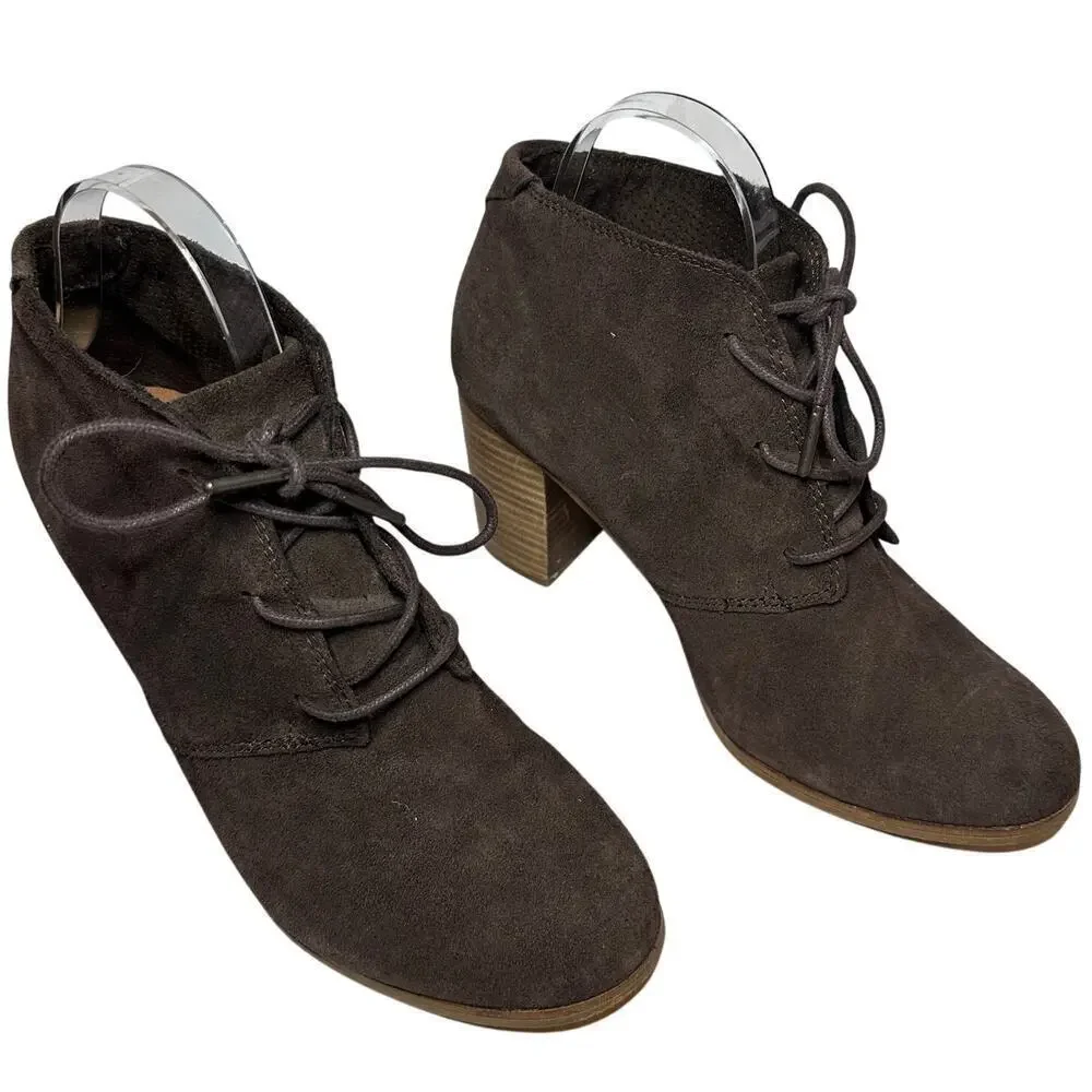 Toms Size 10 Women Brown Suede Quiet Luxury Lunata Block Heel Ankle Bootie Boot